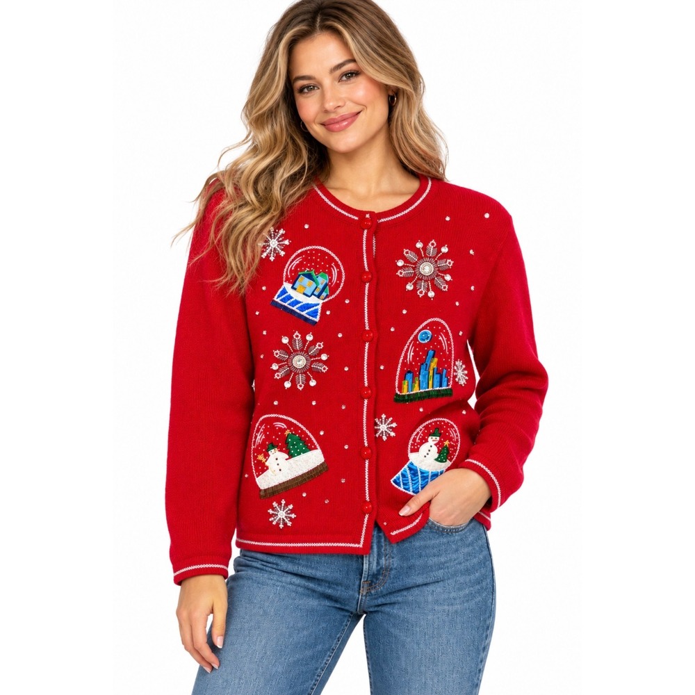 VTG 90s Snow Globe Beaded Christmas Cardigan Sweater Womens Size L Red Festie